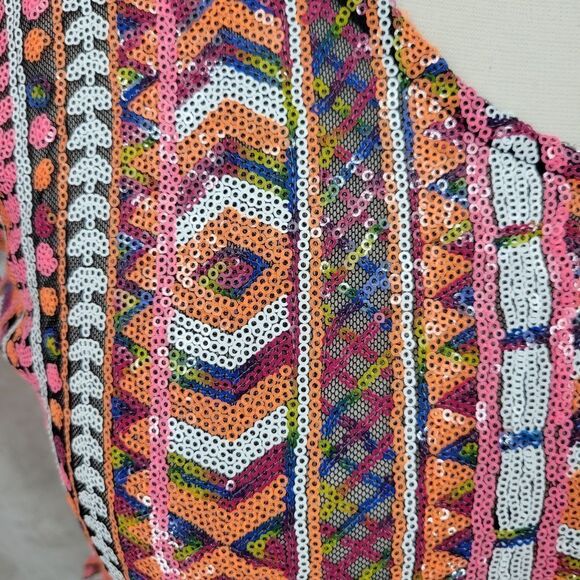 Sequin Mesh Vneck Top Shirt Colorful Pink Orange White Aztec Geometric - Picture 5 of 11